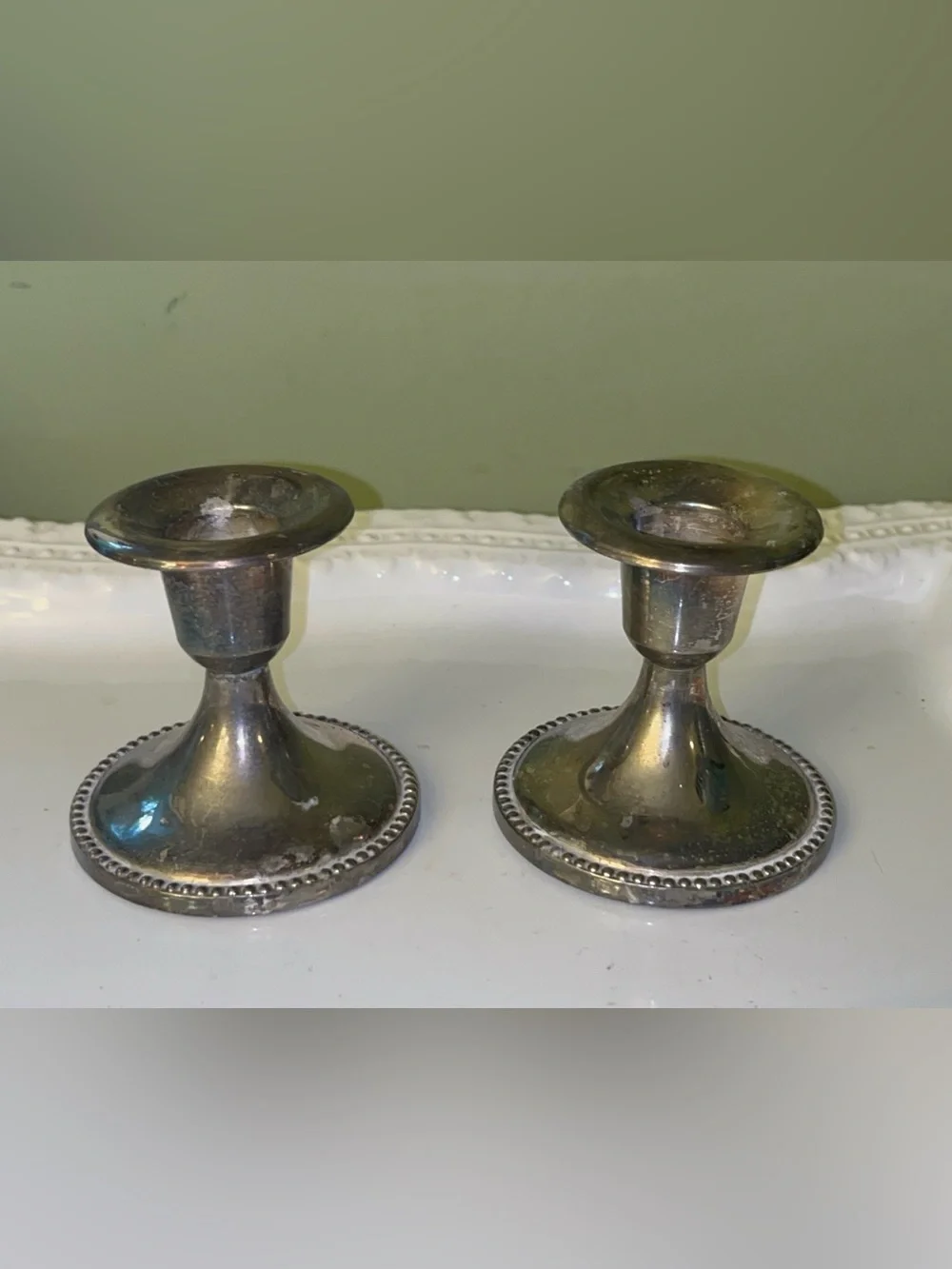 Polished Silver Tone Short Metal Taper Candle Holders, Round Base 3in - Set of 2